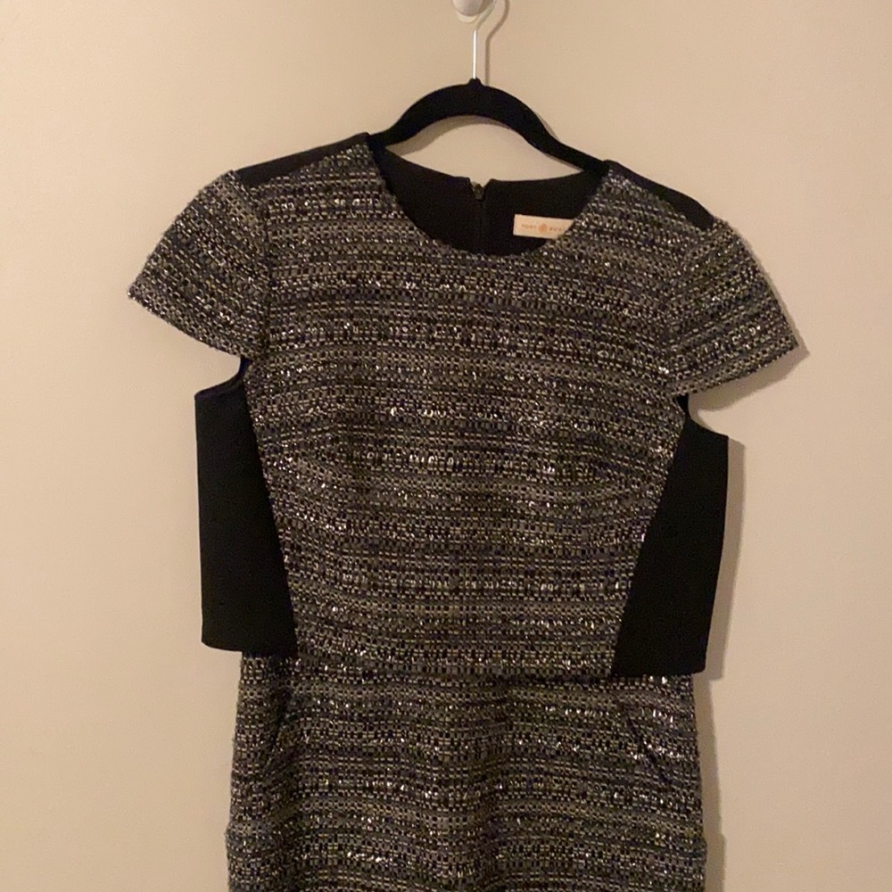 Silver and black Tory Burch tweed dress with pockets. Size 8.